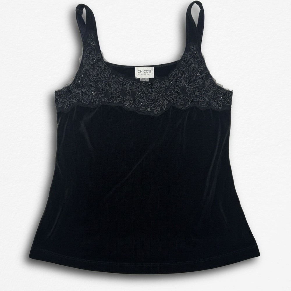 Chicos Travelers‎ Black Tank Top Lace Sequin Trim Adjustable Straps